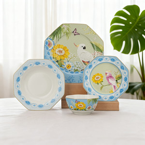Juego de Vajilla Moderno Octagonal de 24 Piezas, Vajilla de Porcelana con Diseño Floral de Aves Exóticas, Plato de Cerámica con Borde Dorado, Venta al por Mayor para 6 Personas - Product Image 1