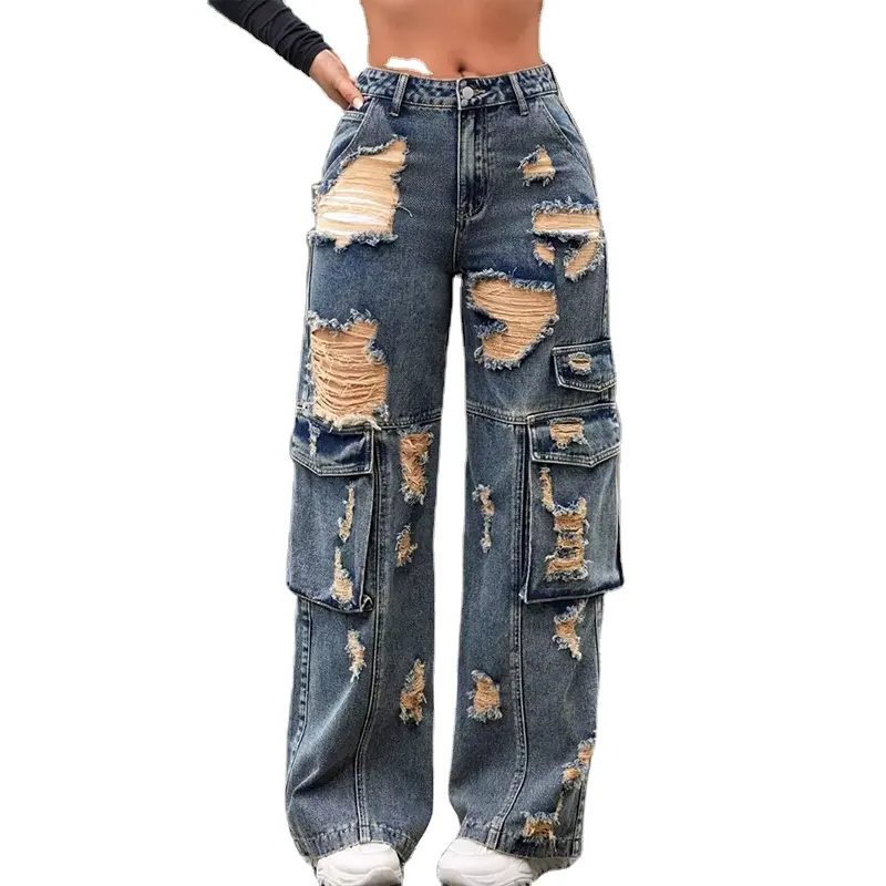 DIZNEW High Street pantalon baggy femme taille haute multi poches denim délavé jean cargo jambe large 100% coton jeans