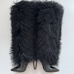 Seksi bayanlar podyum diz-yüksek çizme kış moda parti rahat sokak uzun çizme sivri moğol kürk kürklü modeli Stilettos - Product Image 2