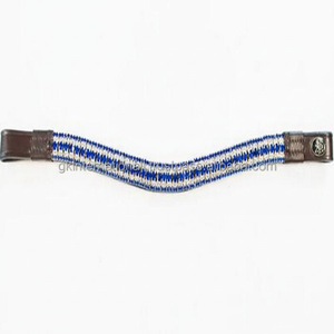 Bandeau à sourcils en cuir en forme de vague marron havane ou noir avec 5 rangées de cristaux décoratifs bleus et blancs en métal. - Product Image 1