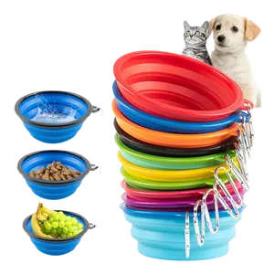 개를위한 휴대용 접을 수있는 개 애완 동물 그릇 크기 중간 실리콘 주문 로고 개 사료 그릇 미끄럼 방지 애완 동물 그릇 및 피더 둥근