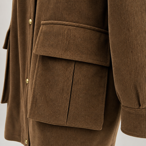 Women's <b>Brown</b> <b>Corduroy</b> Long <b>Jacket</b> With Fur Trim Collar Utility Style Full Sleeve Patch Pockets Autumn Winter Wear - Product Image 6