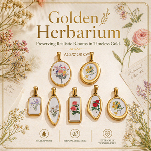 Herbarium d'Or |   Pendentif botanique en acier inoxydable plaqué or 18K PVD, breloques en forme de fleurs |   Imperméable, hypoallergénique, sans ternissement - Product Image 1