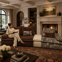 Ensemble de canapés en tissu tendance motif zèbre, fauteuil, ottoman crème, causeuse marron, mobilier de salon, fournisseurs professionnels