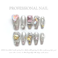 TSZS Ongles à presser de luxe, forme cercueil moyenne conique, faits main, avec décorations géantes en cristal et alliage, en acrylique, pour salons et vente en gros