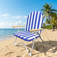 Chaise longue de patio extérieure pliable en aluminium rayé, réglable multi-positions, avec accoudoirs en bois et poche latérale, personnalisable
