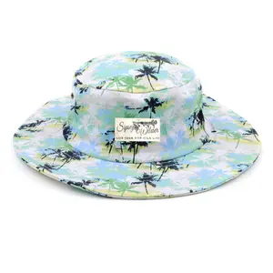 2023 Sombrero de playa de verano Hawaiano con impresión personalizada, gorra de cubo de ala ancha con cuerda