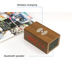 الحديثة الرقمية كبيرة LED درجة الحرارة ساعة الطاولة الذكية الخيزران التقويم عرض ساعة مكتب إنذار لاسلكي خشبية شاحن ساعة