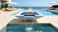 Bol à feu carré blanc au gaz avec cascade pour piscine, jardin, cour arrière – Caractéristique moderne d'extérieur feu et eau pour villa et hôtel