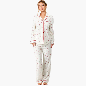 Pijamas de Algodón Personalizados con Estampado de Cerezas y Manga Larga, Conjuntos de Pijamas Personalizados para Mujer, Pijamas de Bambú con Ribete, Ropa de Dormir para Mujer - Product Image 1