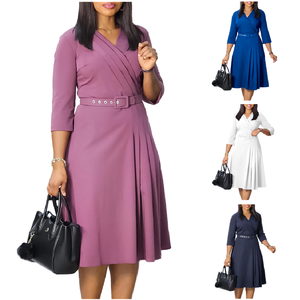High Quality Career Dresses Women Casual V-Neck Ruched Stretching Fabric Elegant African Ladies OFFICIAL