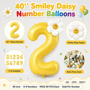 Ballons en aluminium numérotés en forme de marguerite jaune avec visage souriant de 40 pouces pour pique-nique en extérieur et décoration de fête de 1er anniversaire de bébé - Vente en gros - Product Image 2