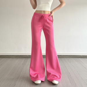 Pantalon évasé Y2K taille basse à devant plat pour femme, en maille extensible, longueur intégrale, couleur unie - Product Image 5