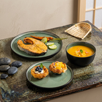 EKA Service de vaisselle style américain à glaçure réactive verte, 12 pièces, assiettes et bols en céramique, service de vaisselle en porcelaine