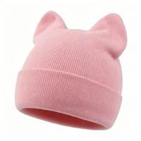 Bonnet tricoté rose à oreilles de chat avec logo personnalisé, bord côtelé, pour fête d'Halloween, cadeau de Noël, chaud et mignon, unisexe, vente en gros