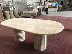 Meubles de salle à manger en pierre naturelle de luxe modernes personnalisés, table ovale avec base cannelée, plateau en travertin <span class=keywords><strong>beige</strong></span>, hôtel - Product Image 4