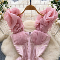 Robe élégante pour femmes à manches bouffantes, corset, volants plissés, mini robe moulante pour soirée, cocktail, soirée