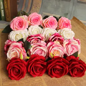 Fiore di rose di velluto di seta a stelo singolo rosso artificiale di vendita caldo per il matrimonio