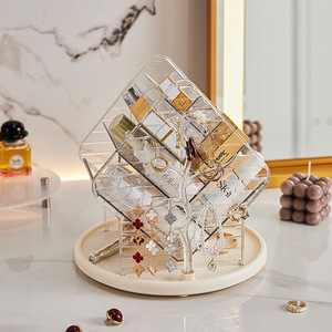 Diamond Shape Jewelry Storage Box Transparent <b>Gold</b> Plated Rotating Desktop Organizer For Home <b>Dressing</b> <b>Table</b> - Product Image 2