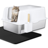Litière carrée en métal pour chat Boîte à litière pour chat en acier inoxydable extra-large avec coussin de contrôle pour chat