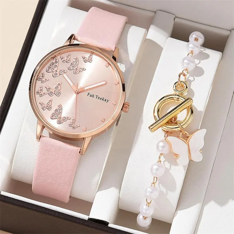 Hot sell fashion style gold chain pearl bracelet with leisure belt ladies rhinestone butterfly quartz watch by box packaging