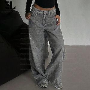 بنطلون جينز فضفاض بخصر عالٍ مزين بالأحجار الكريمة اللامعة من مصنع LARSUR، بنطلون دينيم ممزق للنساء - Product Image 5