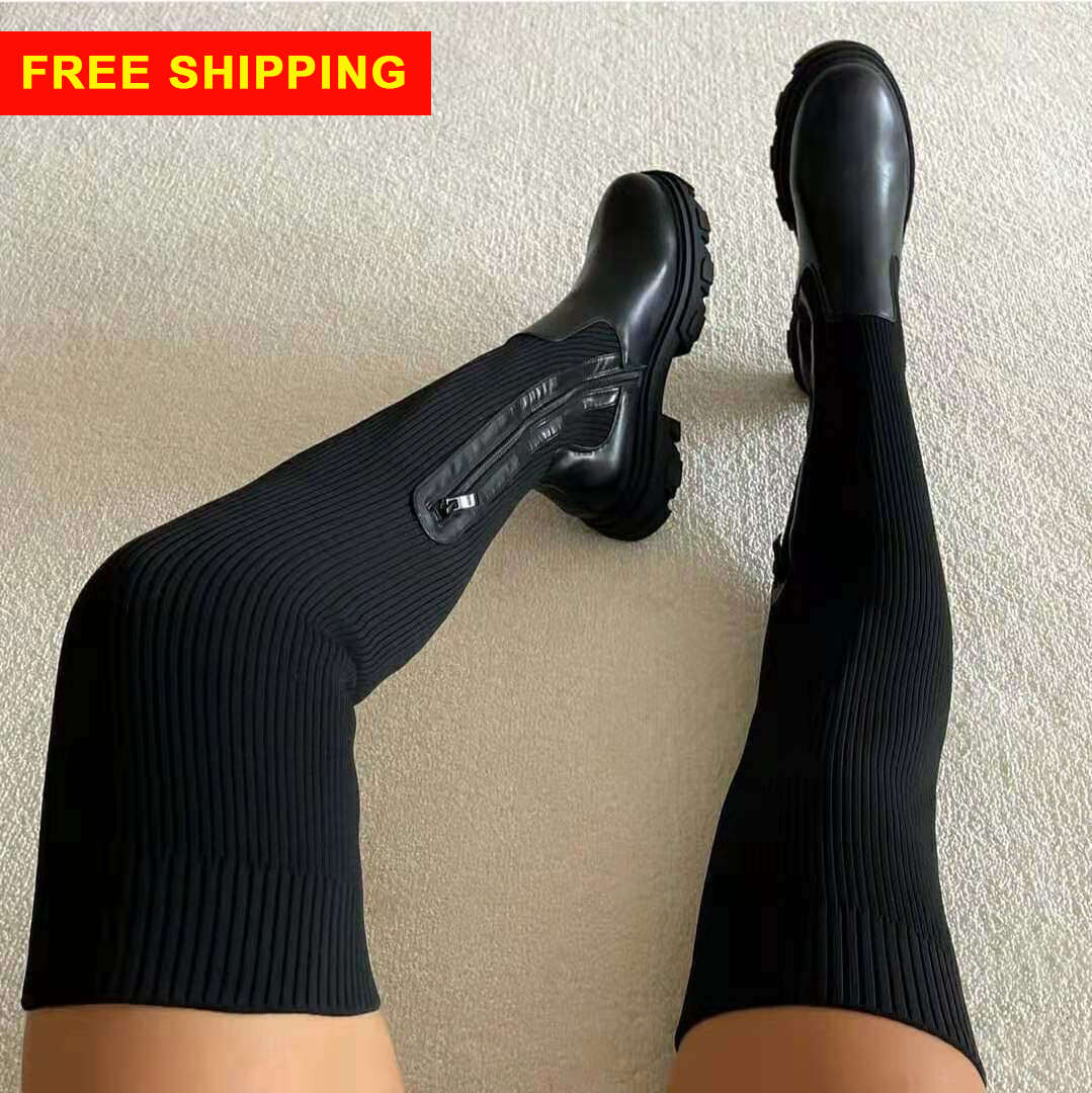 Frete Grátis Sobre O Joelho Botas Stiletto Trecho Sólida plana voar malha Meia Botas Mulheres Wrinkle Sexy sobre o joelho botas altas da coxa