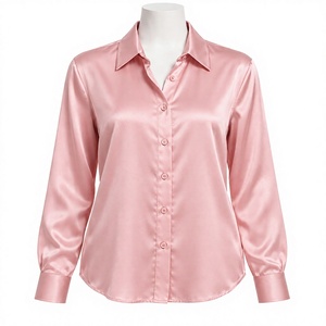 Chemise élégante à manches longues en satin lavable pour femme, style vintage, boutonnée, col rose, pour le bureau ou les occasions décontractées - Product Image 1