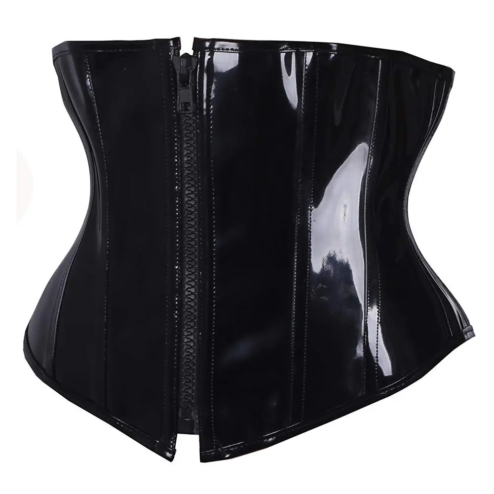 LANGQIN Black PVC Leather Steampunk Gothic Waist Trainer Underbust Corset Bustier leather corset