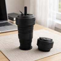 Tasse à café en silicone de qualité alimentaire sans BPA avec logo personnalisé, 20 oz (600 ml), anti-fuite, portable, réutilisable, pliable, avec paille, compatible lave-vaisselle