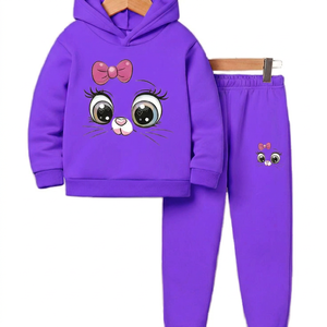 Ensemble survêtement décontracté pour filles, sweat à capuche et pantalon imprimé chat rose de dessin animé, tenue d'automne 100% coton, manches longues, taille élastique - Product Image 5