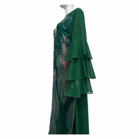 Robe de soirée élégante brodée de sequins floraux pour femme, manches longues, volants, maxi, verte, Abaya Kaftan, tenue de fête modeste musulmane