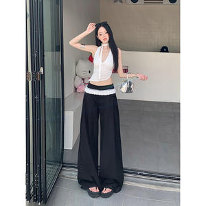 Style rétro américain Pantalon large décontracté pour femmes, respirant, avec coutures en dentelle et plissées, pour le printemps et l'été. - Product Image 4