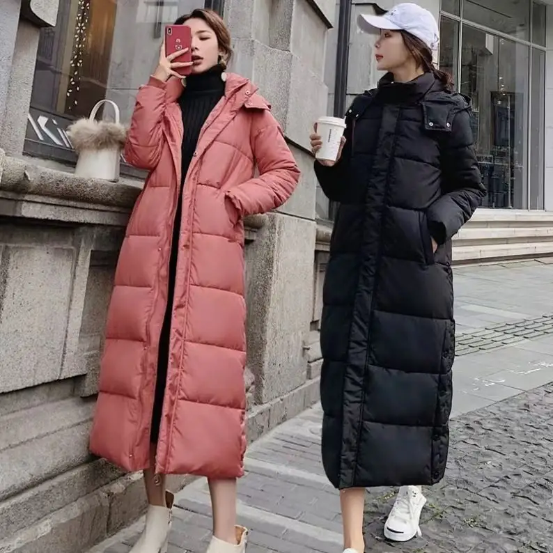 Mode Dames Gewatteerde Gewatteerde Gewatteerde Jas Winter Kleding Capuchon Warme Dikke Puffer Bubble Hoed Afneembare Outwear Casual Maxi Lange Jas