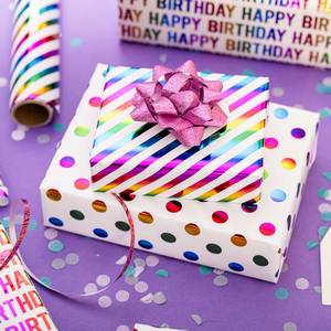 Papel de embalaje electroaluminizado personalizable con puntos coloridos y rayas diagonales, ideal para cumpleaños. - Product Image 5