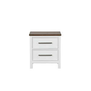 Mesita de Noche Moderna Estilo Rústico, Dos Tonos Blanco y Madera Oscura, Tiradores de Níquel, Cajones con Panel Empotrado, Muebles para Dormitorio - Product Image 2