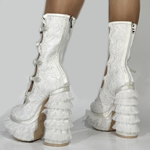 Sandalias de fiesta de boda de encaje <span class=keywords><strong>blanco</strong></span> para mujer, hebillas de cinturón, botas medias, <span class=keywords><strong>plataforma</strong></span> gruesa con volantes, botines de pantorrilla de verano de talla grande 47 - Product Image 3