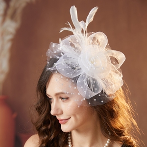 Fascinator pour <span class=keywords><strong>femme</strong></span> avec plumes artificielles, détails floraux en maille, bandeau réglable et pince, idéal pour les chapeaux d'église, mariages, goûters, Kentucky - Product Image 1