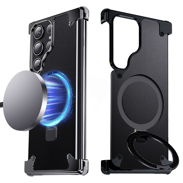 Eary Case Metal Leather Pivot Phone Case Magnetic Stand Kickstand for Samsung Galaxy S23 Ultra, Samsung Galaxy S24 Ultra
