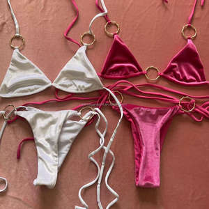 2022 новый дизайн для молодых девушек, комплект бикини из блестящей ткани, купальник с лямкой на шее и шнуровкой, синий купальный костюм, купальник - Product Image 5