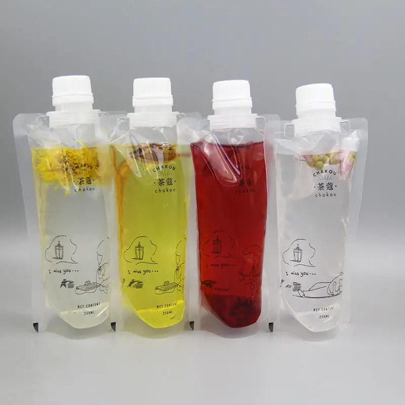 Biodegradável transparente Stand Up saco reutilizável para bebidas 50ml 100ml 500ml Saco de embalagem para bebidas e suco de água líquida Bolsa de bico