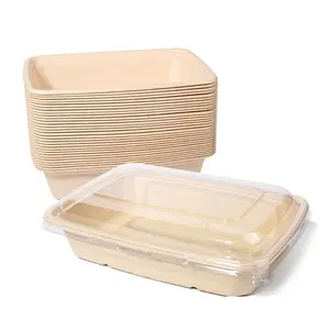 Cuencos de fideos para ensalada rectangulares de caña de azúcar desechables ecológicos, cuenco para servir almuerzo para llevar con tapa