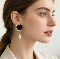 Anting Gantung Kristal Mutiara Imitasi Bunga Mawar Beludru Paduan Seng, Perhiasan Pesta Pernikahan Romantis Vintage, Hadiah untuk Wanita