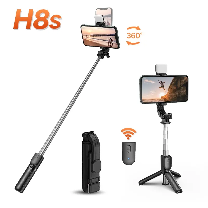 H8s Mini Werless Selfi stick Tripod Mobile Stand Selfy Selfie stick with Remote LED Light