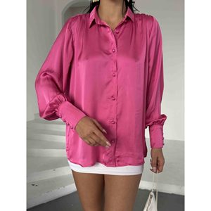 Camisa de Satén Fucsia para Mujer, Blusa de Manga Larga con Botones de Perla, Talla S, Top Elegante - Product Image 2