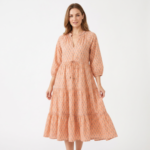 Robes midi bohèmes d'été pour femmes, taille personnalisée, col en V, manches longues, imprimé floral fait main, coton, décontractées, à porter au quotidien, respirantes - Product Image 1