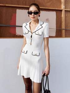 Mini <span class=keywords><strong>abito</strong></span> da donna a maniche corte lavorato a <span class=keywords><strong>maglia</strong></span> bianco o <span class=keywords><strong>blu</strong></span> a vita alta primavera donna bottoni con colletto rovesciato abiti a trapezio - Product Image 2