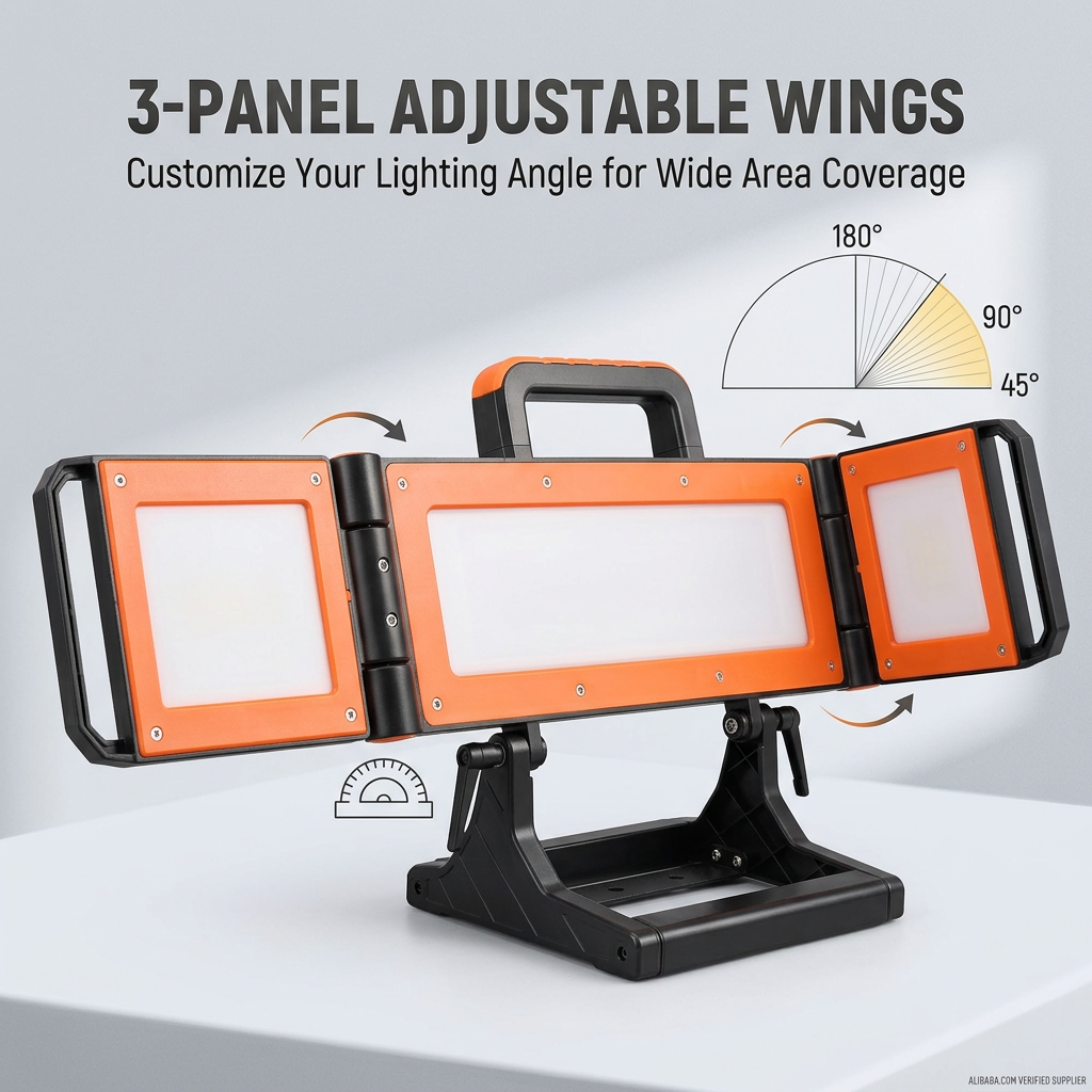 Rugged Rechargeable Work Light Foldable Body Broad Beam Main and Auxiliary Lamps Dual Control Dimming Outdoor Use
