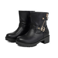 Bottines mi-mollet à double boucle et fermeture éclair latérale en cuir vintage, talon bloc, pour tenue rétro quotidienne, bottes pour femmes