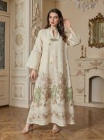 Robe longue musulmane de luxe multicolore brodée de fleurs, col en V, manches longues avec fermoir décoratif, tenue modeste, Dubaï 2026